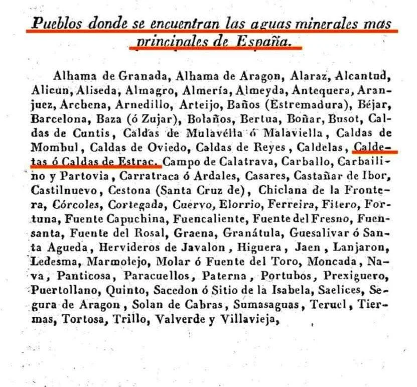 Document històric amb la llista dels pobles amb les aigües minerals més principals d’Espanya, on hi consta Caldetes