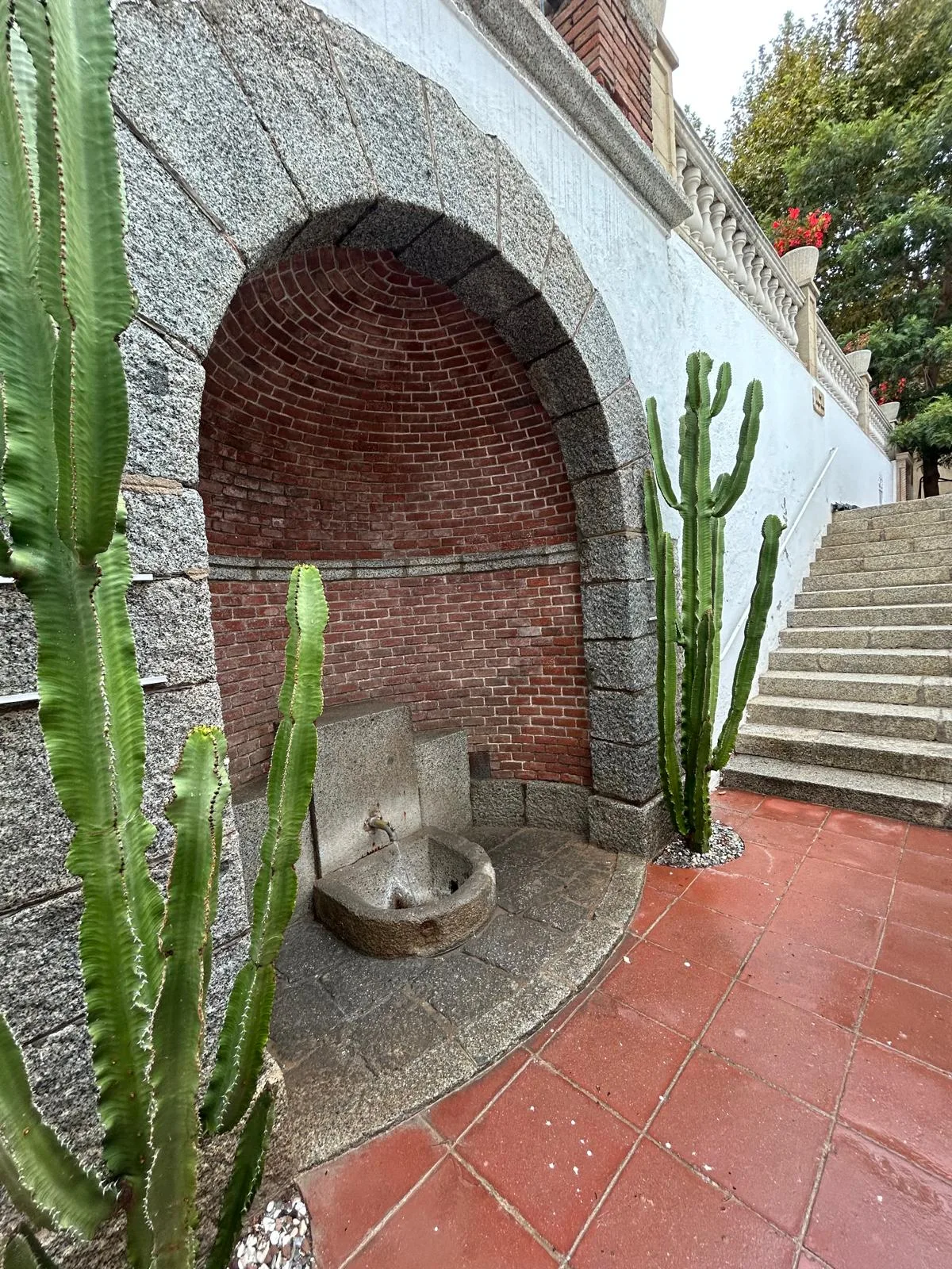 La fonte della sorgente sotto l'arco di mattoni, con i cactus ai due lati